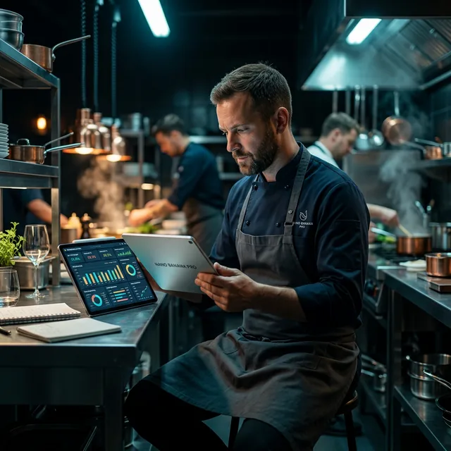 Chef usando tablet con analítica de IA