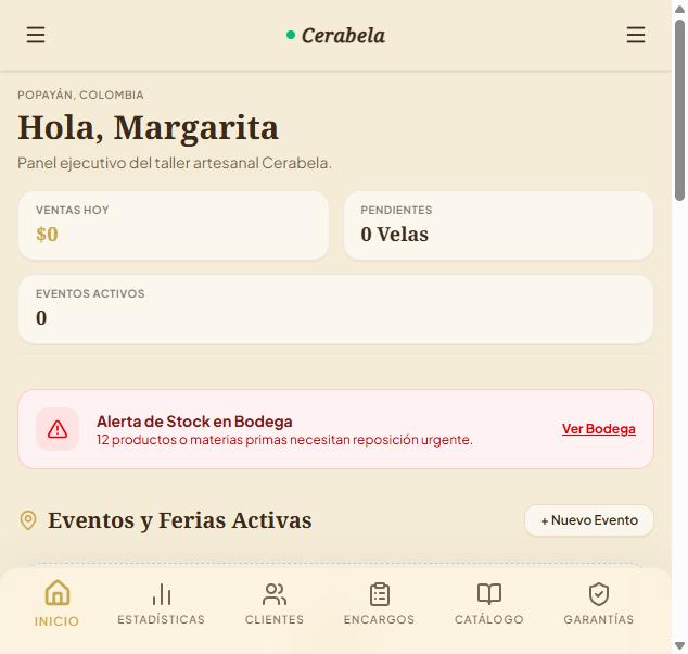 Panel de inicio de la app Cerabela